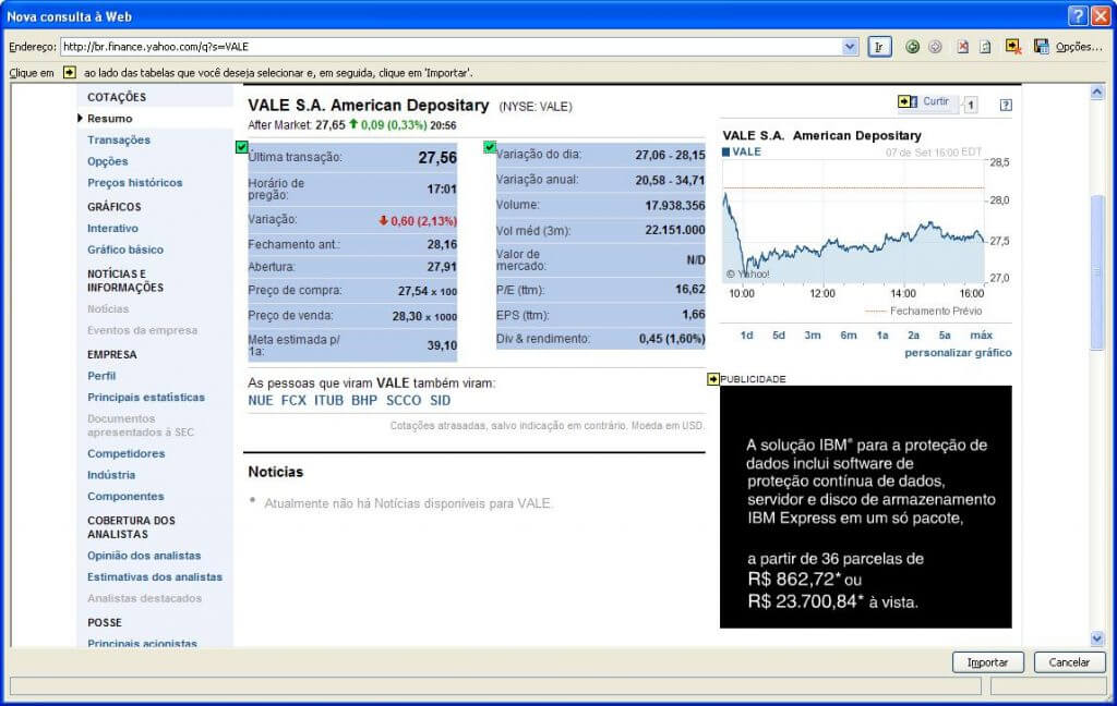 Excel obter dados externos da Web