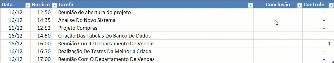 Agenda que fala as tarefas nos horários Excel