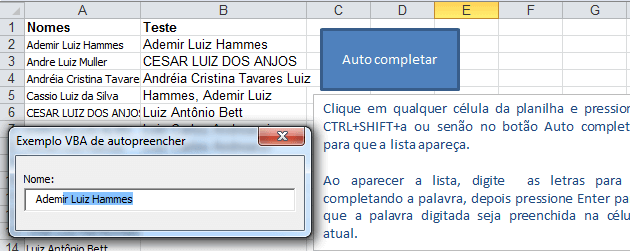 Auto completar em Excel VBA