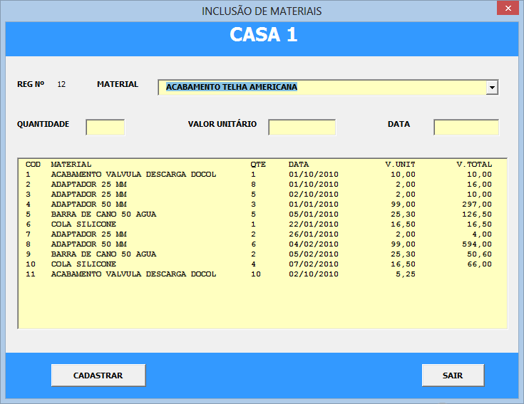 cadastro de materiais de obras