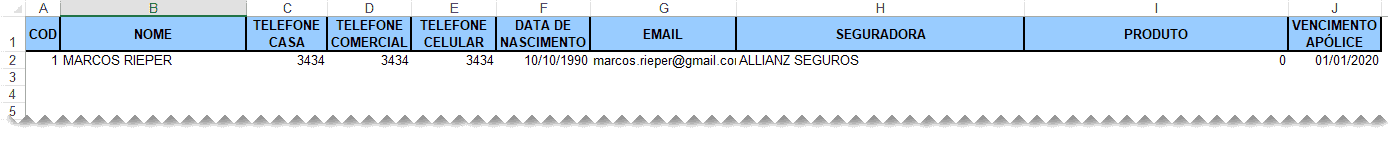 Planilha de cadastro de seguros Excel 2