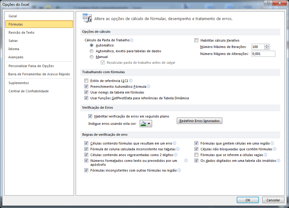 Opções do Excel 2 - Fórmulas
