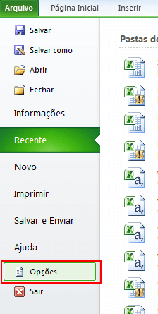 Opções do Excel 2