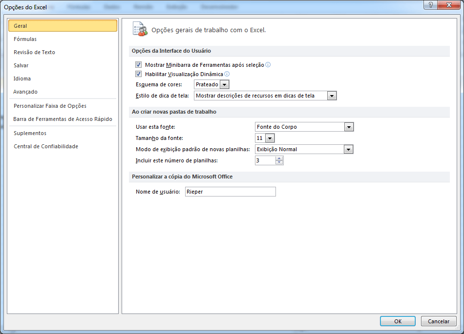Opções do Excel 3