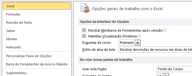 Opções do Excel