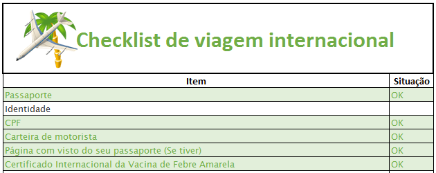 Checklist de viagem internacional Excel