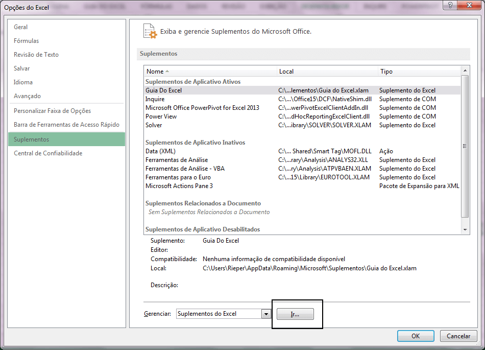 Customizar faixa de opções Guia do Excel 2