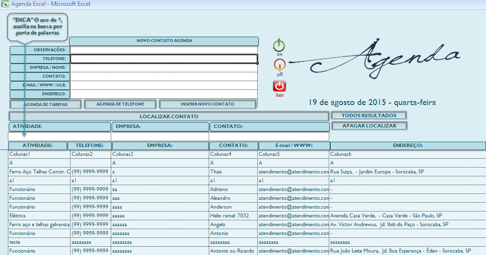 Cadastro de contatos e agenda Excel