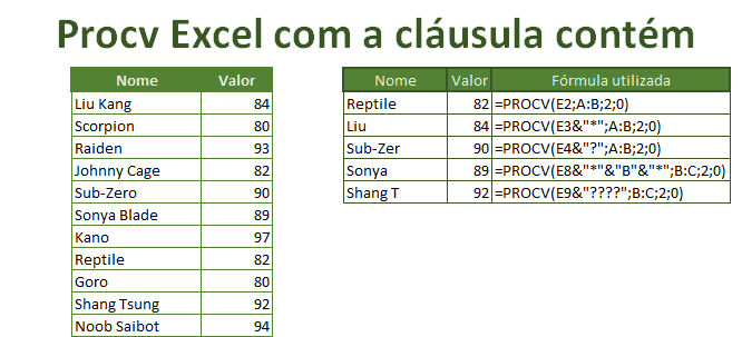 Procv Excel com a cláusula contém