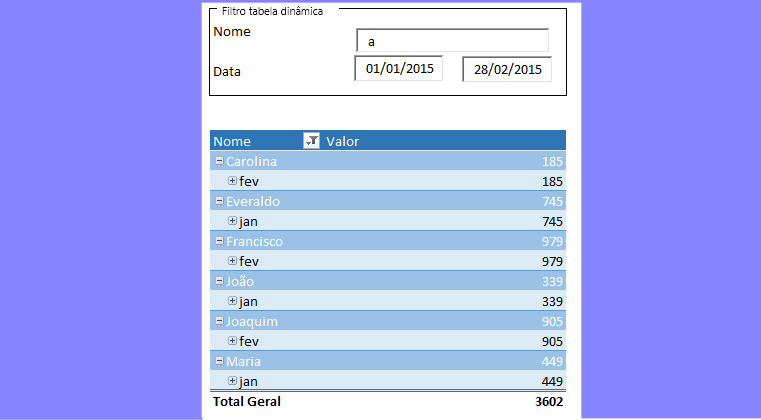 Filtro automático em tabela dinâmica Excel