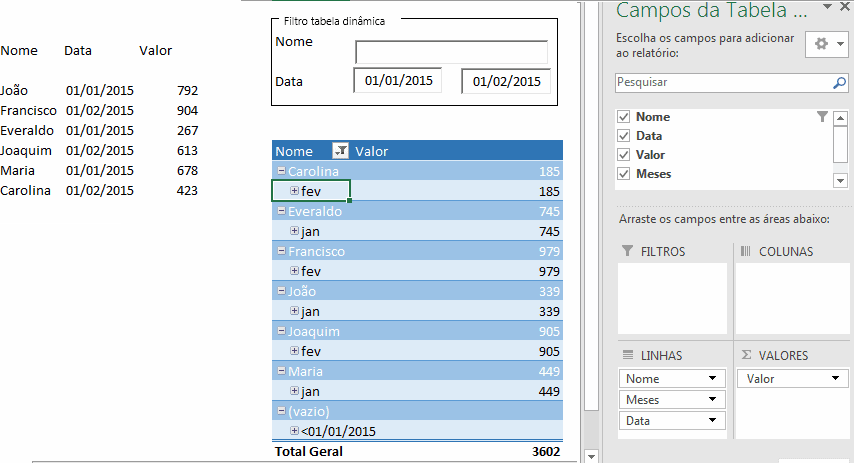 Filtro automático em tabela dinâmica Excel