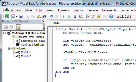 Filtro automático em tabela dinâmica Excel
