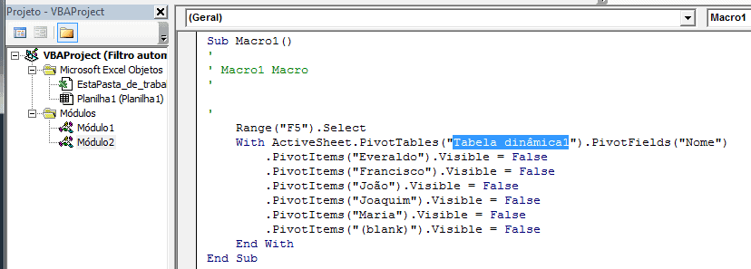 Filtro automático em tabela dinâmica Excel