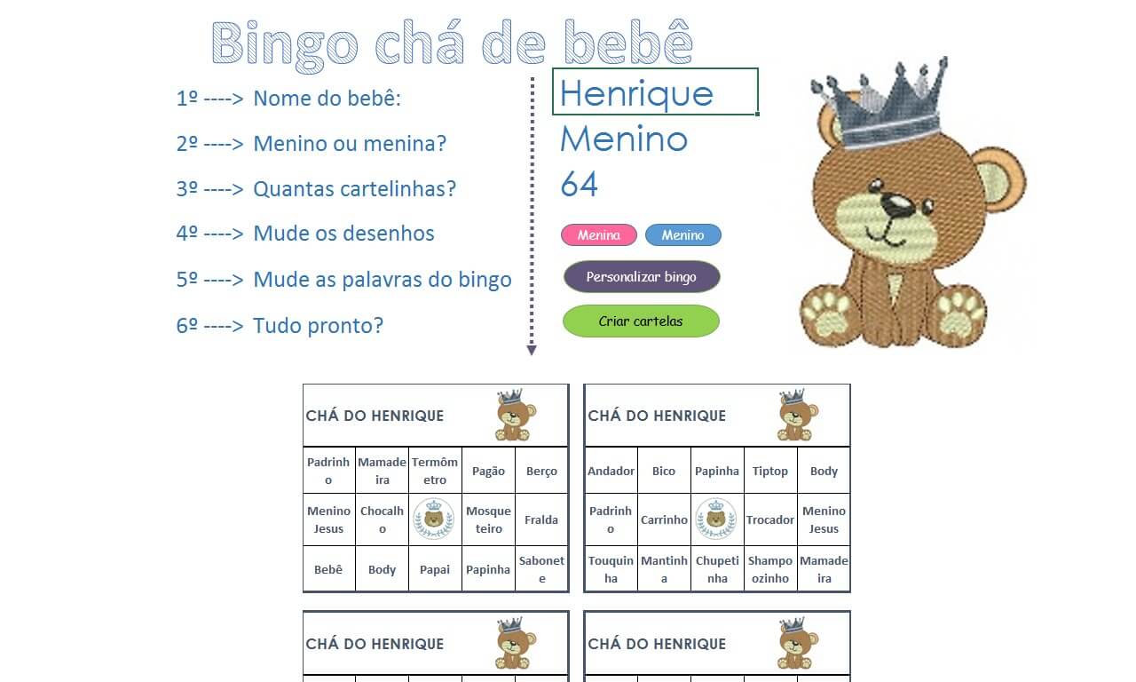 Bingo chá de bebê – Planilha Excel VBA