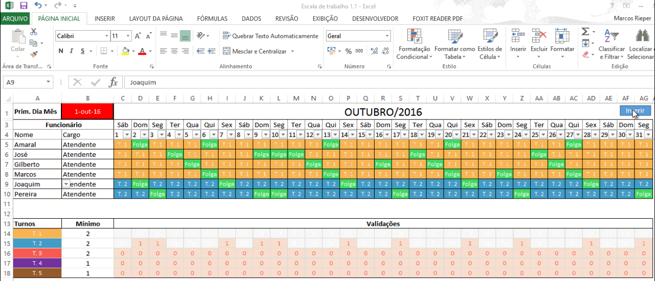 Planilha de escala de funcionários Excel