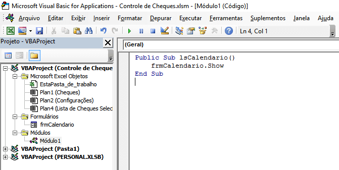 Calendário na célula Excel