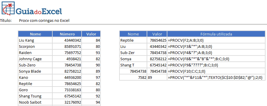 Procv contém - Procv coringas