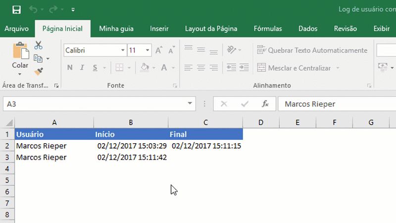 Planilha de log de usuários Excel VBA