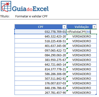 Validar e formatar CPF Excel 3