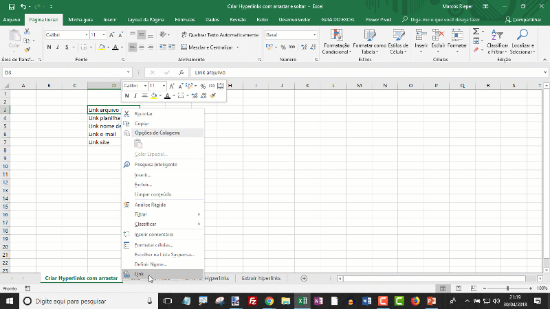 Hiperlink arquivo Excel