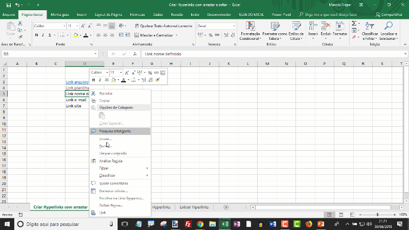 Hiperlink intervalo nomeado Excel