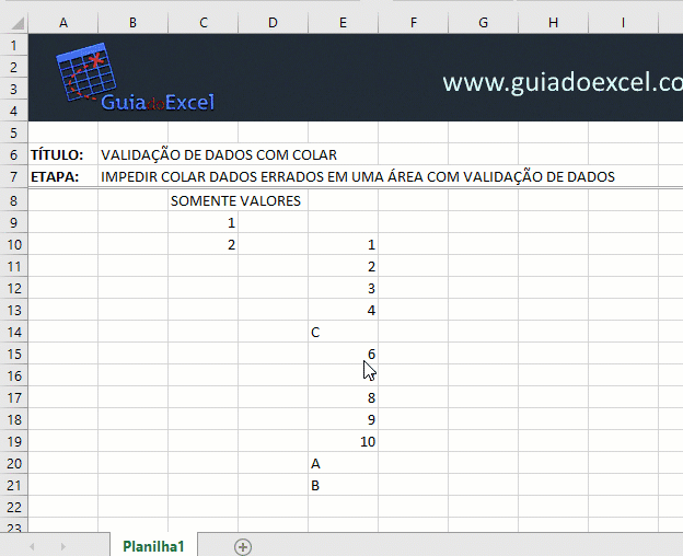 Bloquear colar dados incorretos em validação de dados