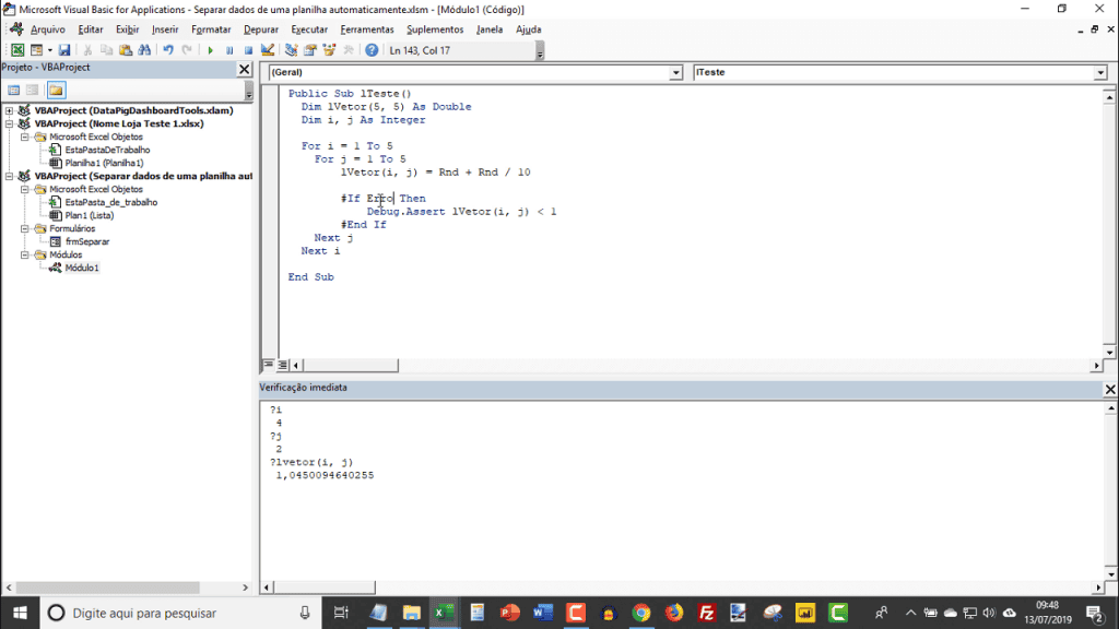 Janela de verificação imediata VBA Excel 3a