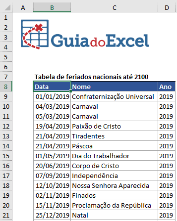 Feriados nacionais no Excel