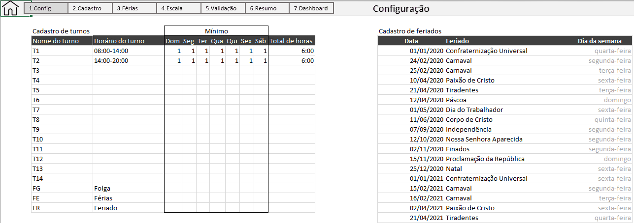 Planilha de escala de trabalho 6x1 turnos e feriados