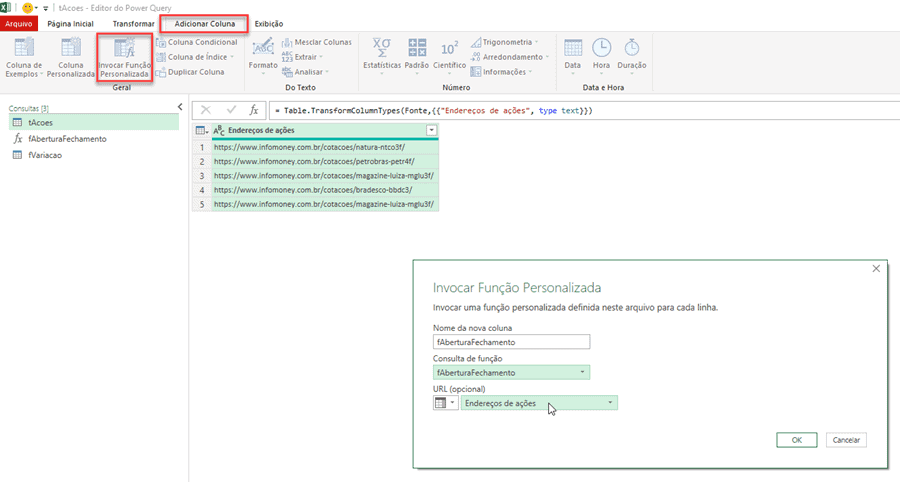 Consultar dados de ações no Excel Power Query 14