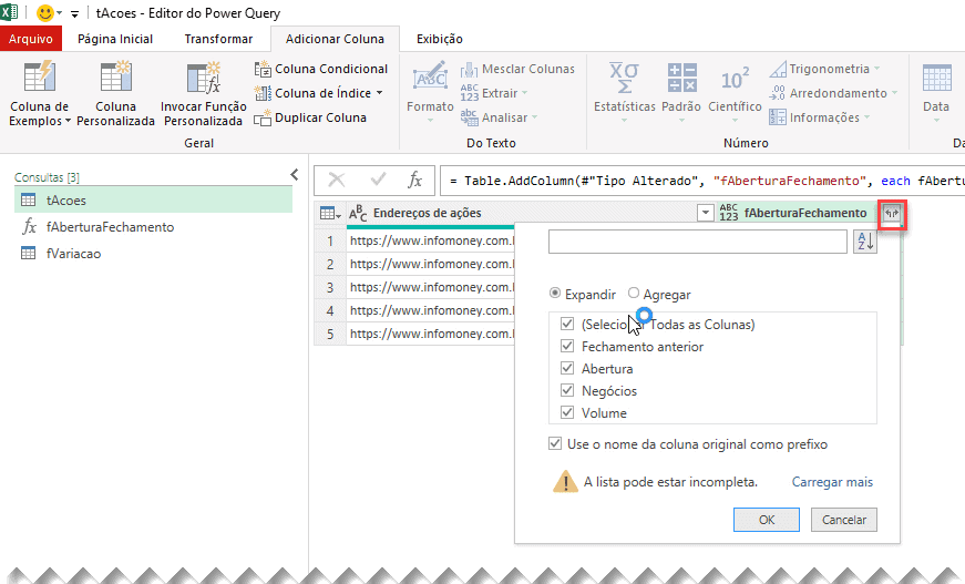 Consultar dados de ações no Excel Power Query 15