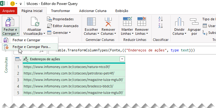 Consultar dados de ações no Excel Power Query 4