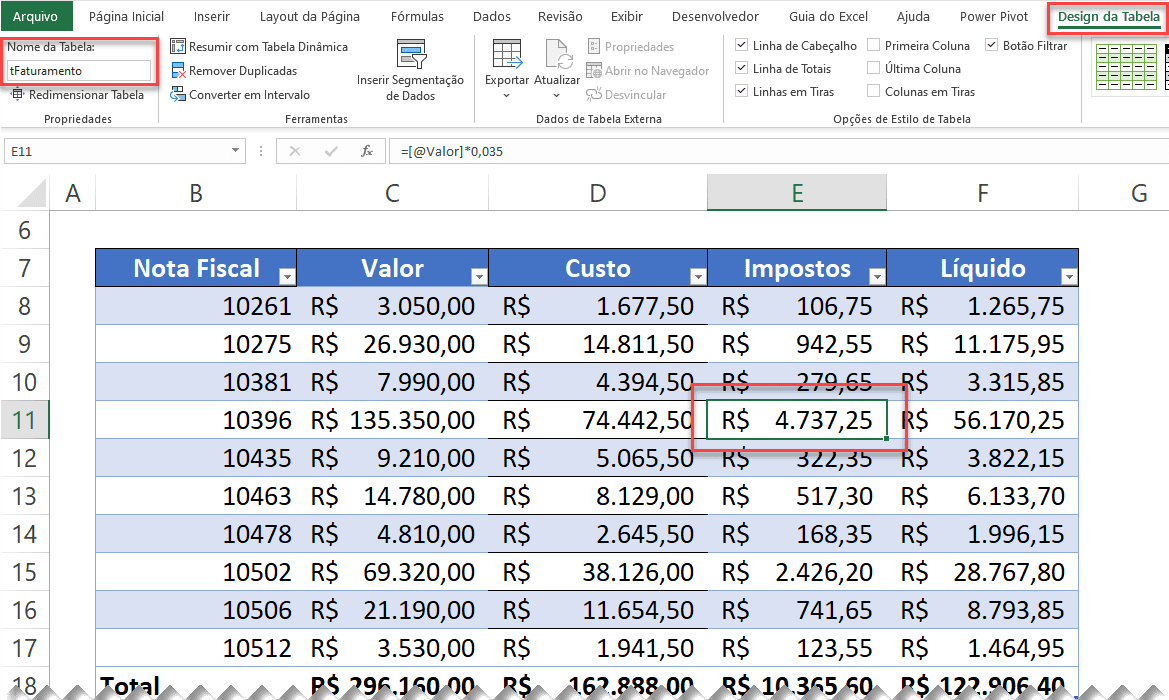 Guia Excel Tabelas VBA - Nome da tabela