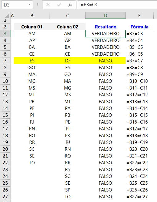 como comparar colunas Excel