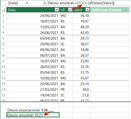 Desvio padrão Excel