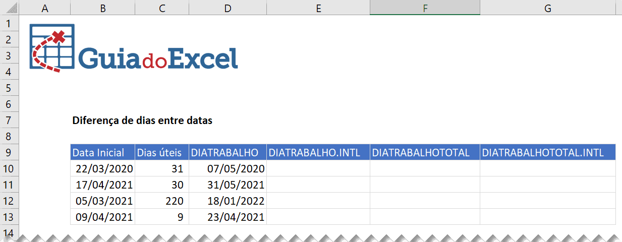 dias uteis excel 10