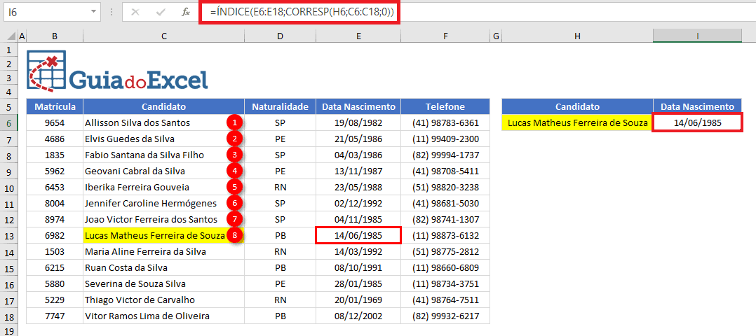 Indice Corresp Excel 7