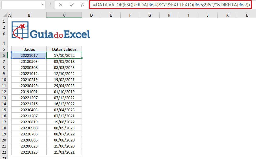 Converter data no padrão aaaammdd para data válida no Excel