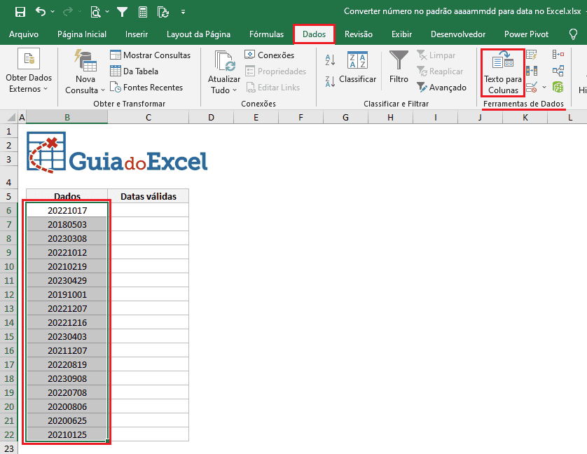 Converter data no padrão aaaammdd para data válida no Excel