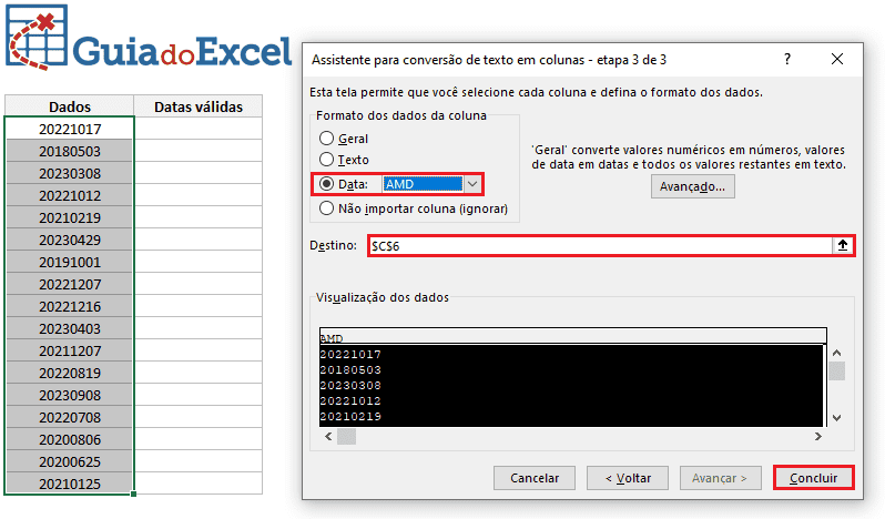 Converter data no padrão aaaammdd para data válida no Excel