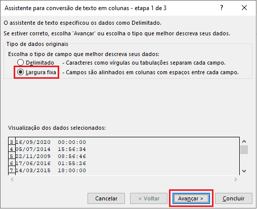 texto para colunas data e hora excel