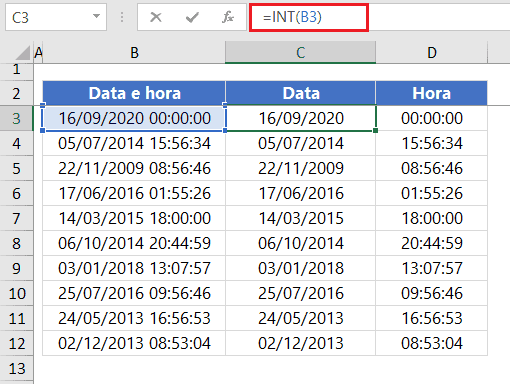 função INT excel em datas