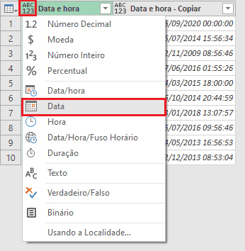 coluna de data excel power query