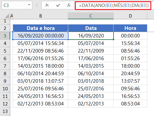 função data e tempo excel