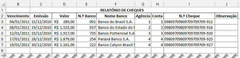 Planilha de controle de cheques Excel 4