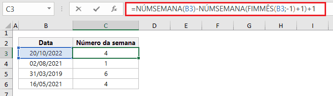 Número da semana do mês no Excel 3