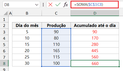 Soma acumulada no Excel