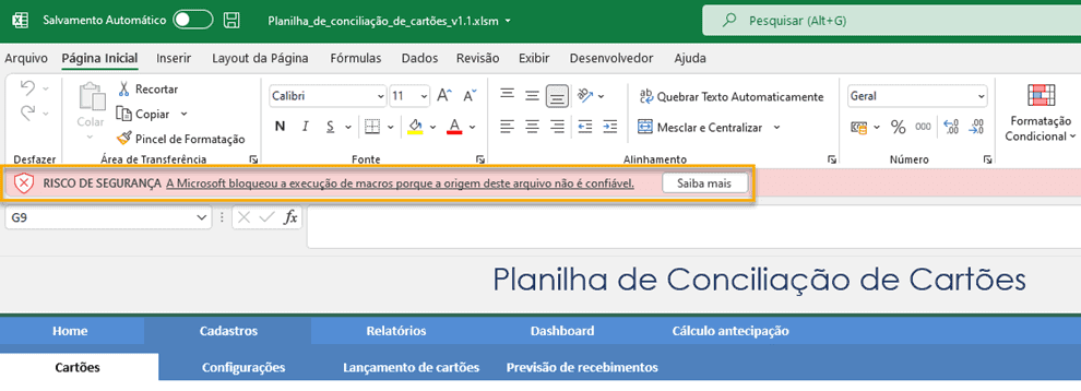 A Microsoft bloqueou a execução de macros porque a origem deste arquivo não é confiável