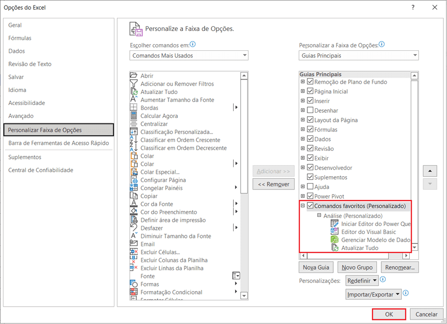 guias e botões no excel 2