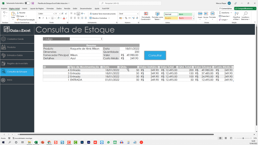 Menus de sistema no Excel 8